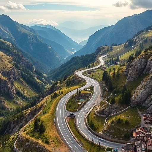 Aerial view of a European highway winding through a mountain landscape.