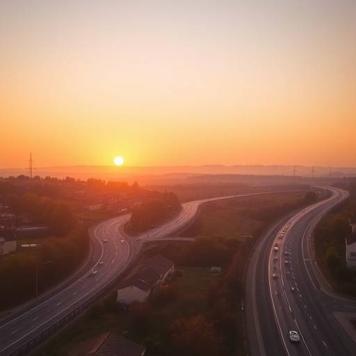 Panoramic view of European highways at sunset